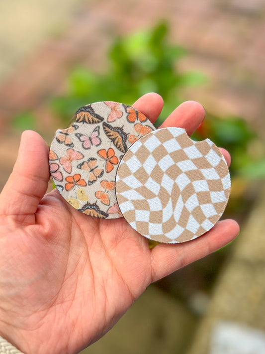 Tan Check / Muted Butterfly Car Coasters