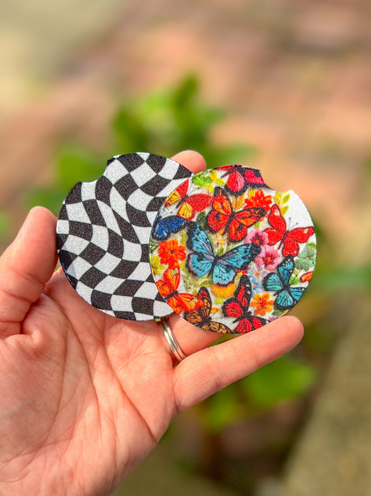 Black Check / Bright Butterfly Car Coasters