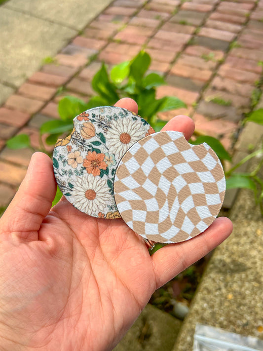 Tan Check / Muted Floral Car Coasters