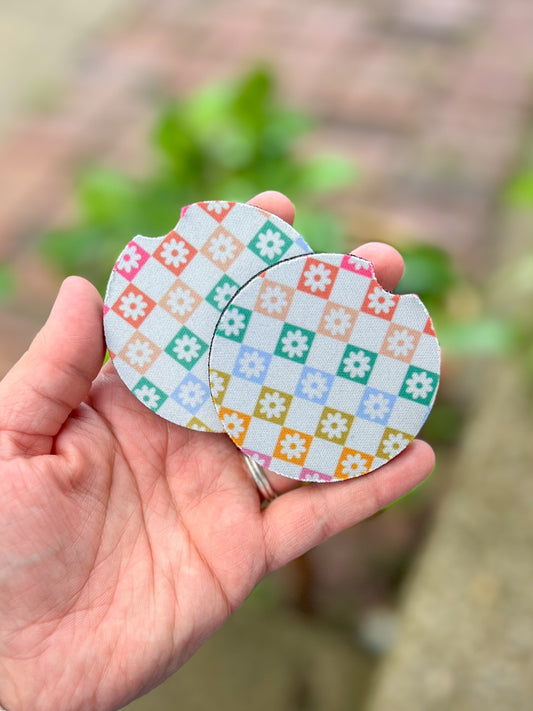 Checkered Daisy Car Coasters