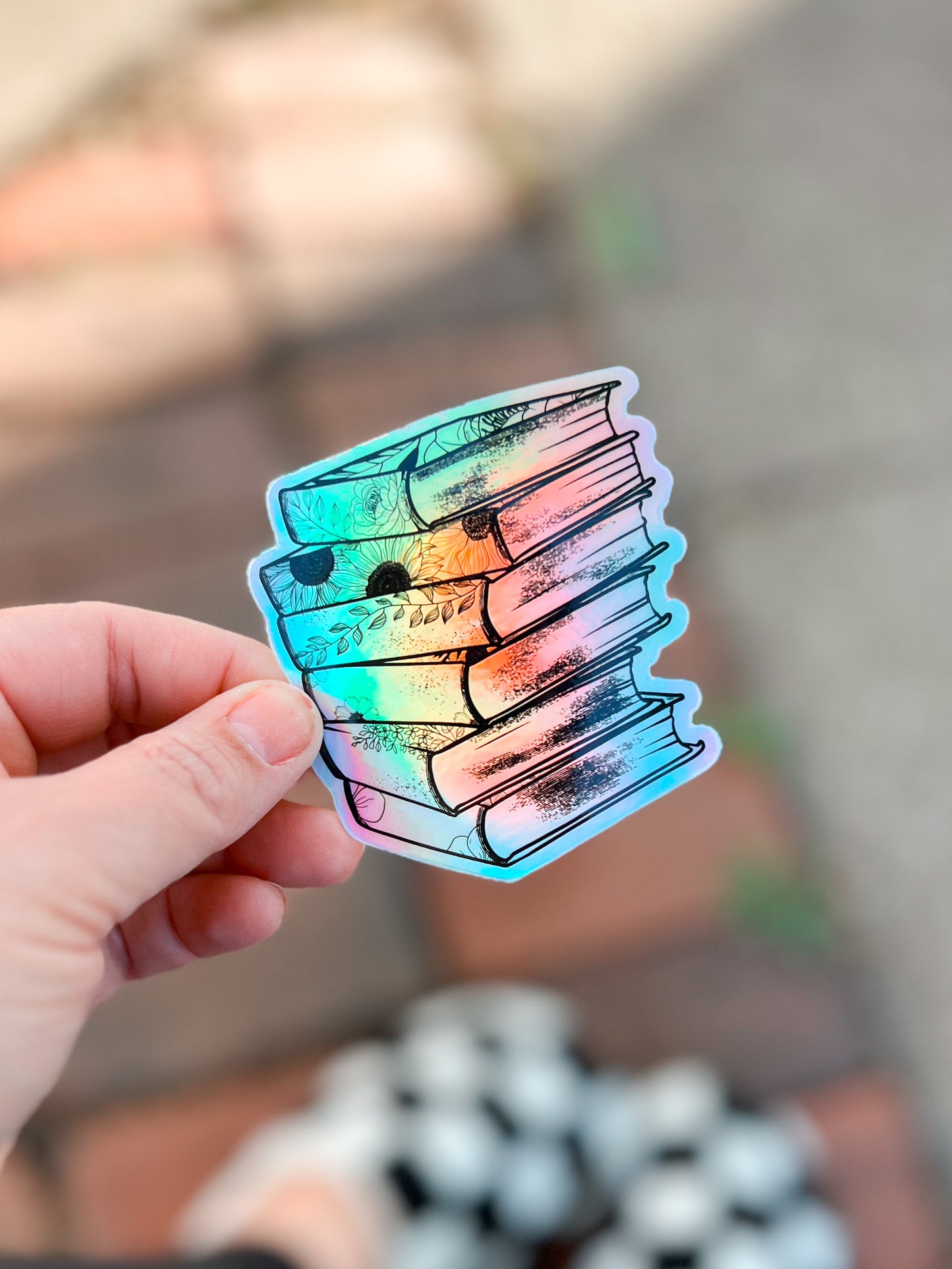 Floral Book Stack Holographic Vinyl Sticker | Decal